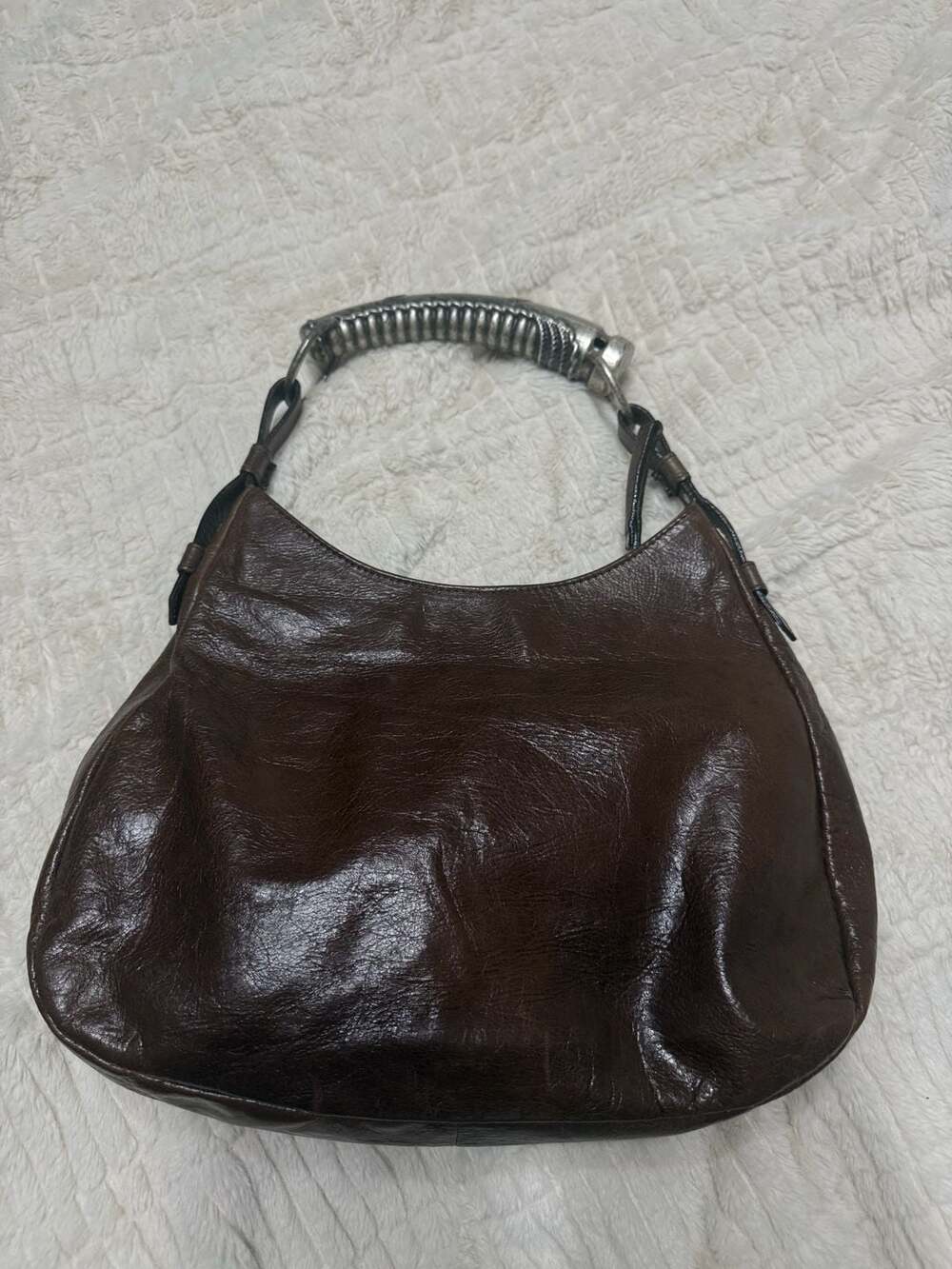 Vera Pelle Brown Leather Handbag Silver Metal Handle Purse
